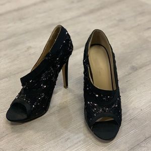Black sequins peep toe heeled boots